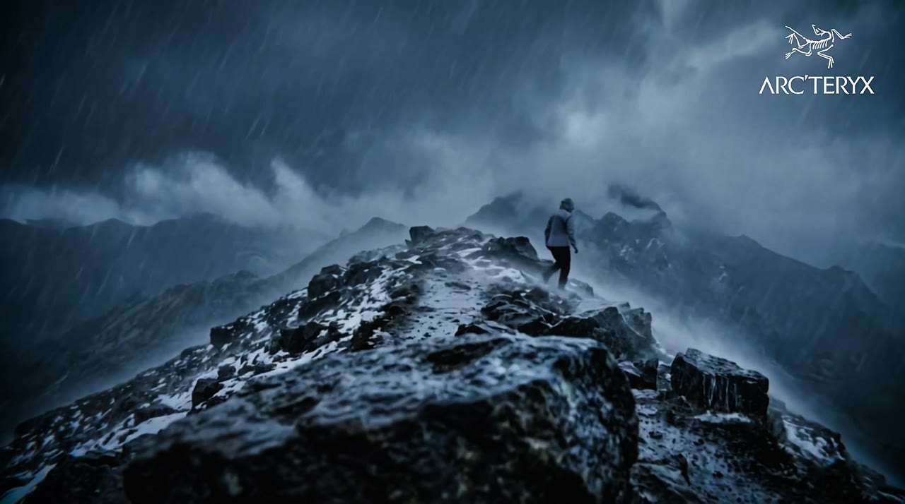 A person on a mountain ridge in a snowstorm