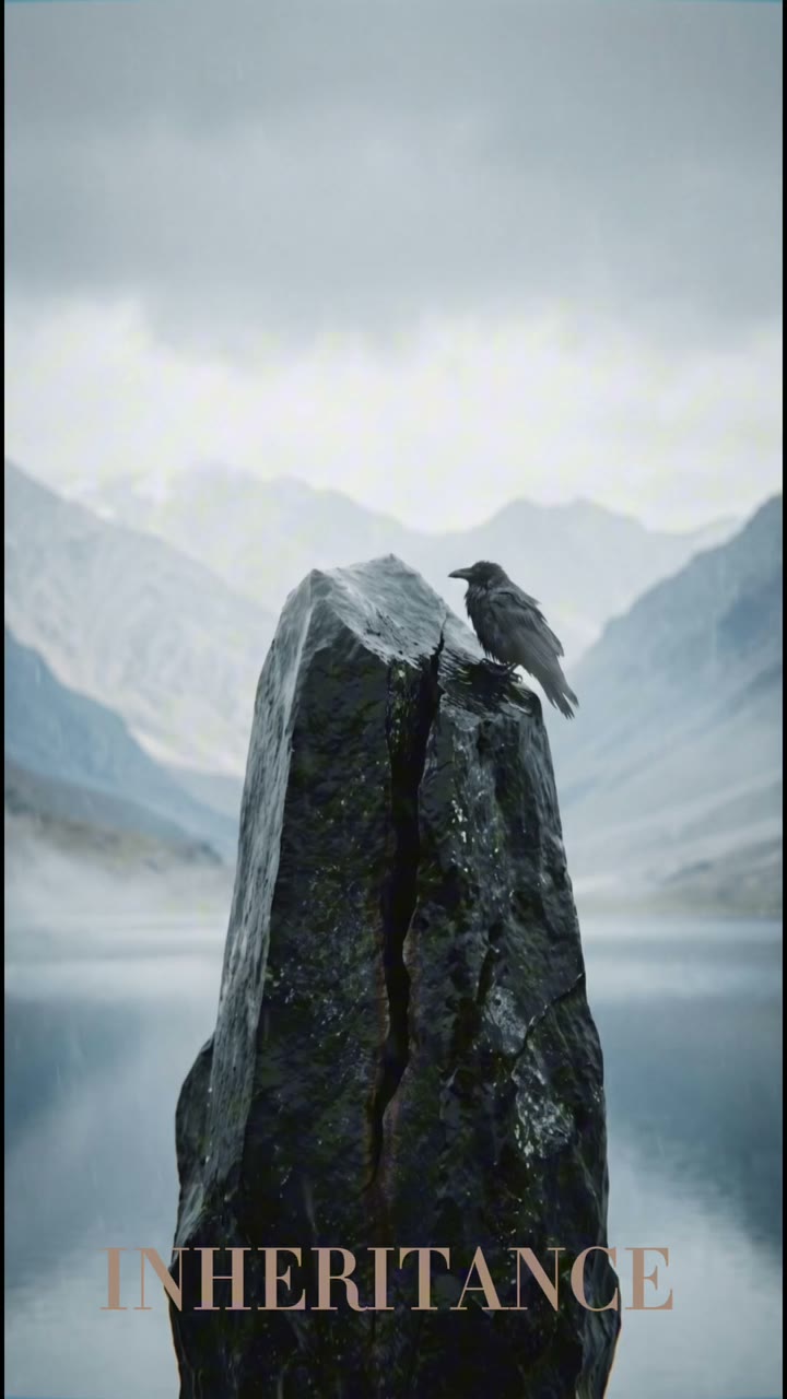A raven on a stone pillar in fog